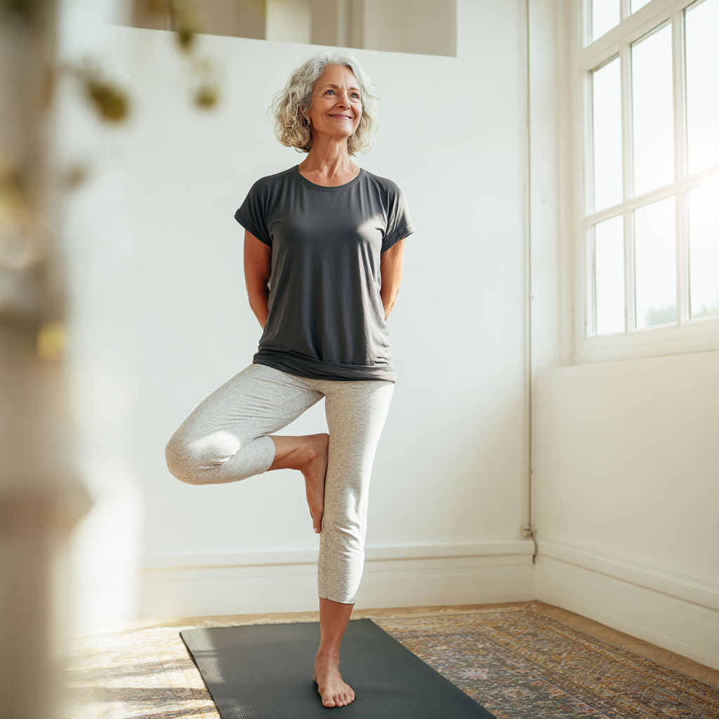 Femeie de 55 de ani practicând yoga pe saltea în poziția copacului, zâmbind relaxat într-un studio luminos