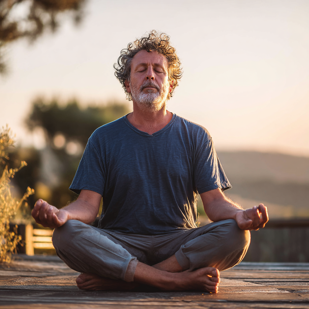 Bărbat de 60 de ani meditând în poziția lotus pe o terasă cu vedere la natură, expresie pașnică și relaxată