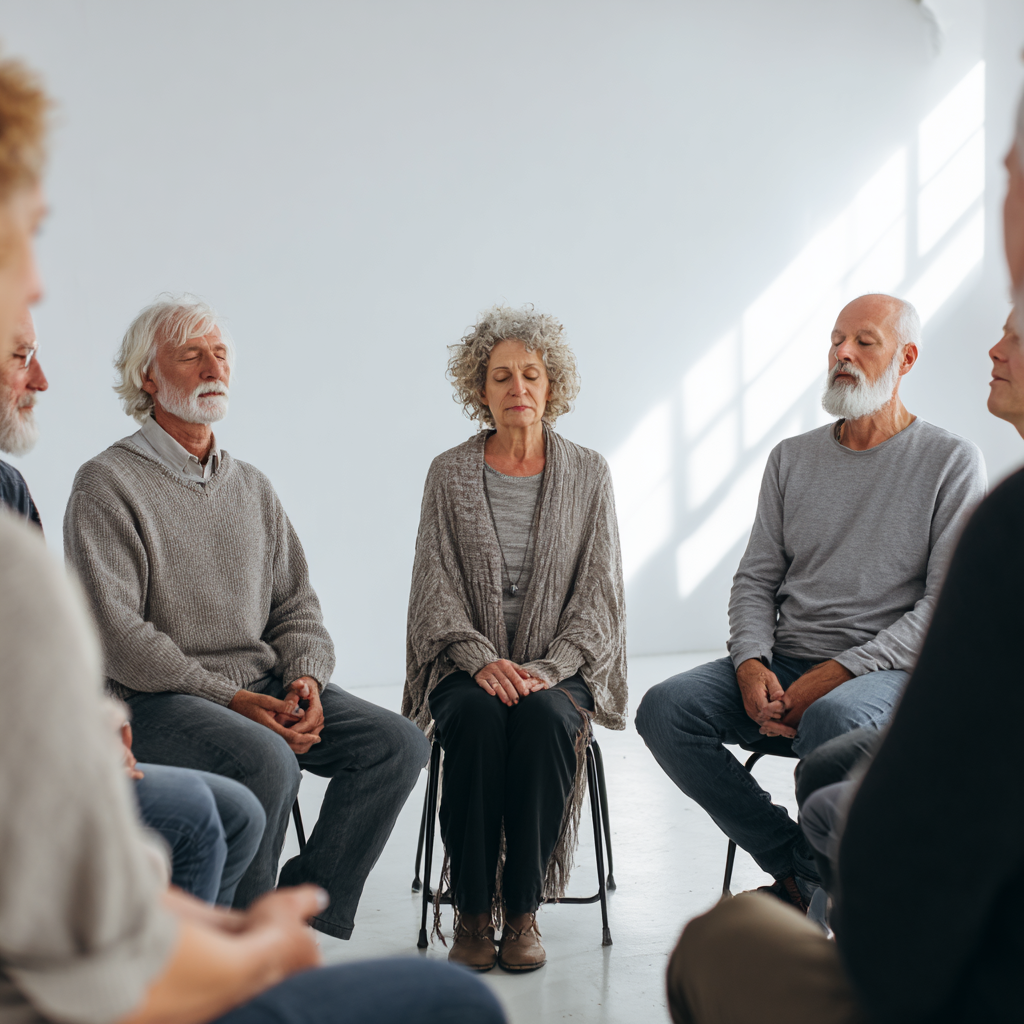 Grup de 6 persoane cu vârste între 50-65 ani seated în cerc, meditând cu ochii închiși într-un studio calm și luminos